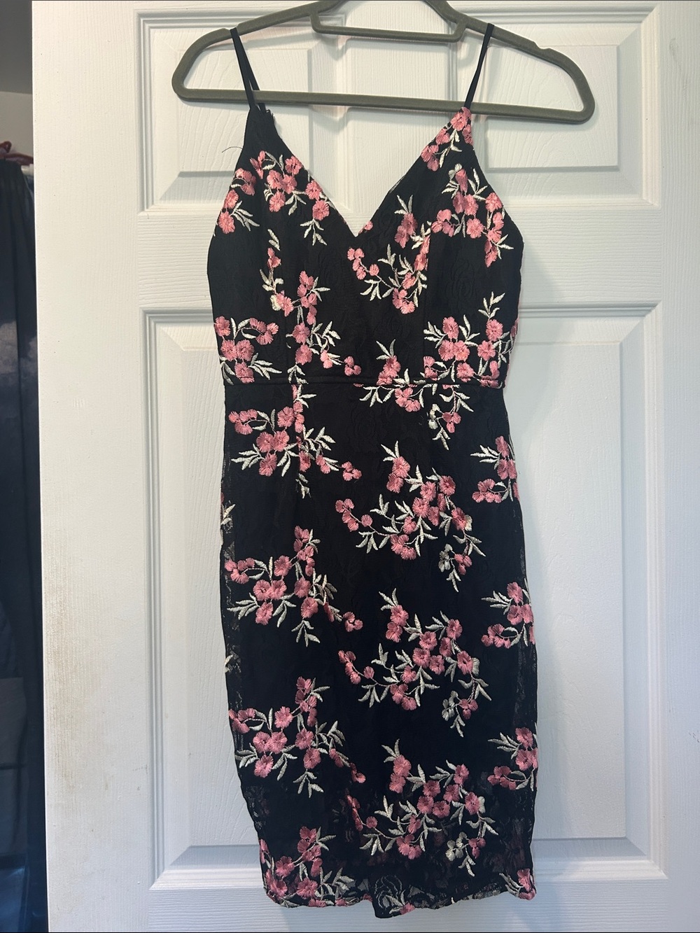 Lulu's Black Mini Slip Dress with Pink Floral Embroidery